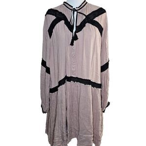 Free People Mini Shift Dress Womens Size L Beige Black Boho Gauze